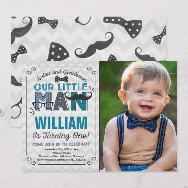 Little Man 1st Birthday Invitation Mustache Party (Front/Back)