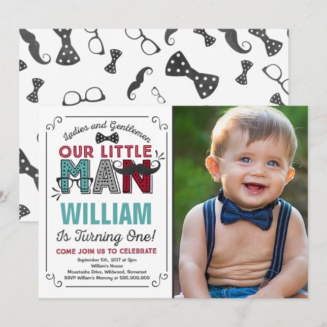 Little Man 1st Birthday Invitation Mustache Party (Front/Back)
