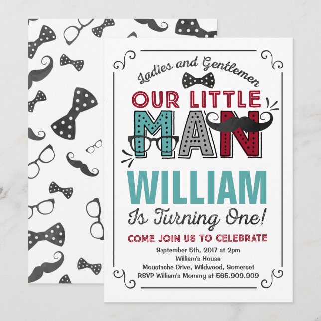 Little Man 1st Birthday Invitation Mustache Party (Front/Back)