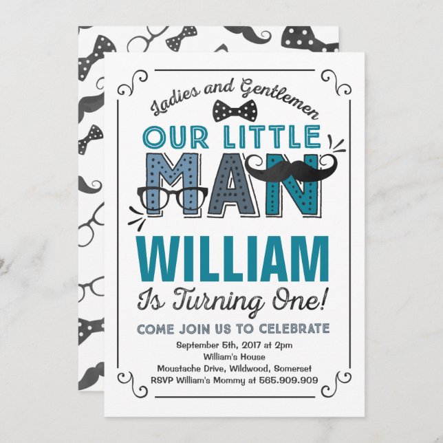 Little Man 1st Birthday Invitation Mustache Party (Front/Back)