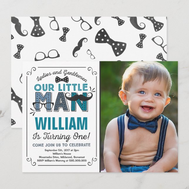 Little Man 1st Birthday Invitation Mustache Party (Front/Back)