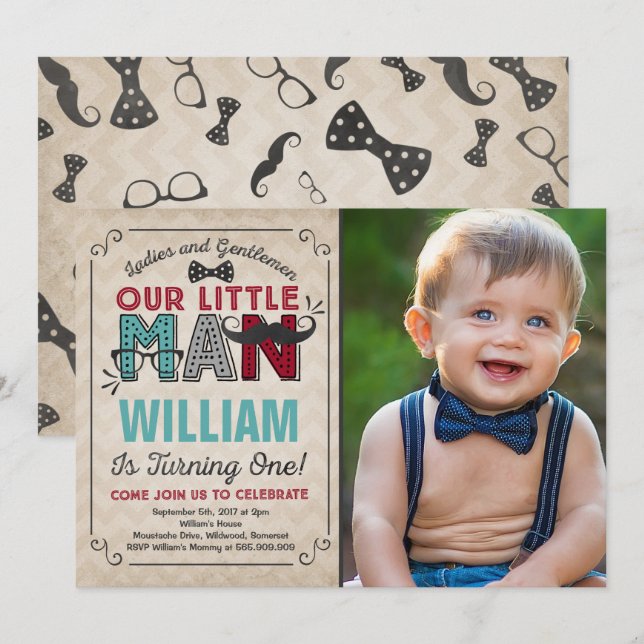 Little Man 1st Birthday Invitation Mustache Party (Front/Back)