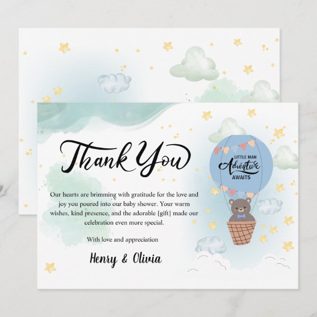 little man adventure awaits baby shower thank you card (Front/Back)