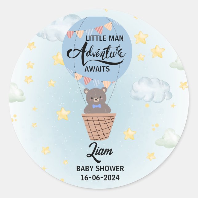  little man adventure awaits bear baby shower classic round sticker (Front)