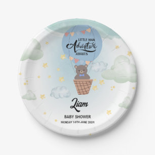 little man adventure awaits bear baby shower paper plate