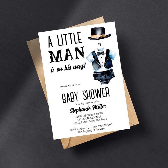 Little man baby shower black tuxedo and a hat invitation (Little man baby shower template invitation digital download black baby tuxedo bodysuit a black hat)