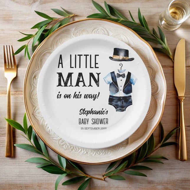 Little man baby shower black tuxedo monogrammed paper plate (Little man baby shower cute black tuxedo hat monogrammed paper plates personalized table decor)