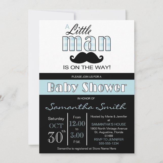 Little Man Baby Shower Blue and Black Invitation (Front)