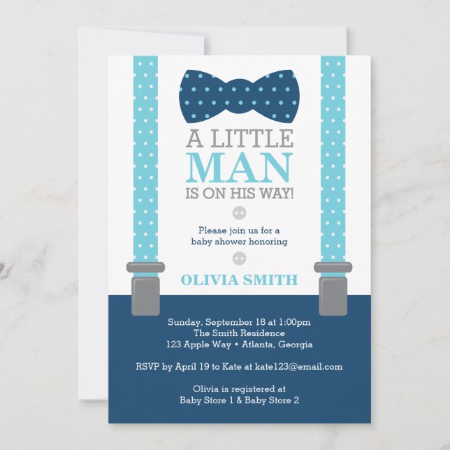 Little Man Baby Shower Invitation, Baby Blue, Navy Invitation (Front)