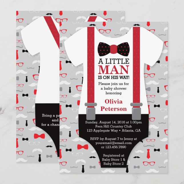 Little Man Baby Shower Invitation, Black, Red Invitation (Front/Back)