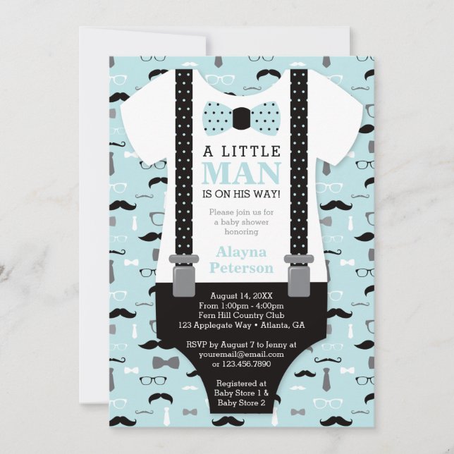 Little Man Baby Shower Invitation, Blue, Black Invitation (Front)
