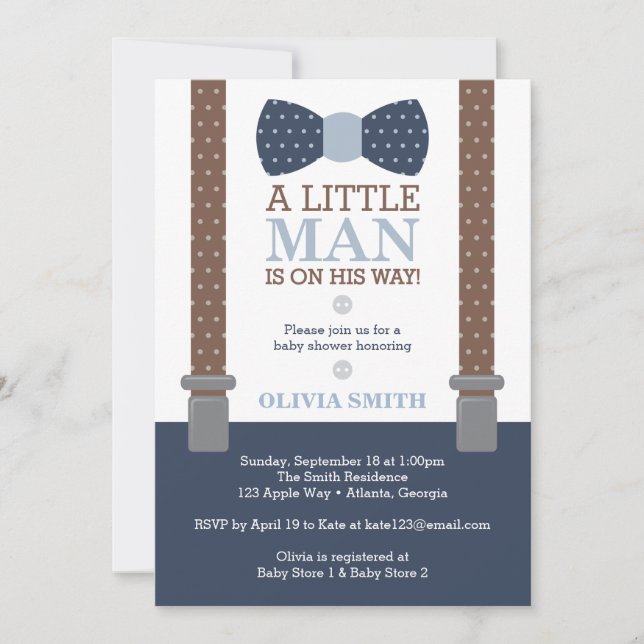 Little Man Baby Shower Invitation, Blue, Brown Invitation (Front)