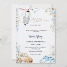 Little Man Baby Shower Invitation Blue Floral Baby