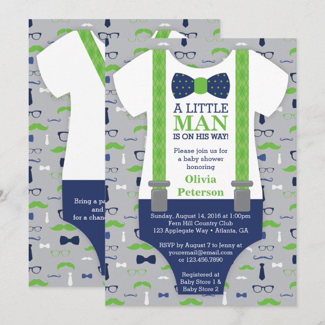 Little Man Baby Shower Invitation, Blue, Green Invitation (Front/Back)