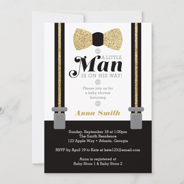 Little Man Baby Shower Invitation, Faux Glitter Invitation (Front)