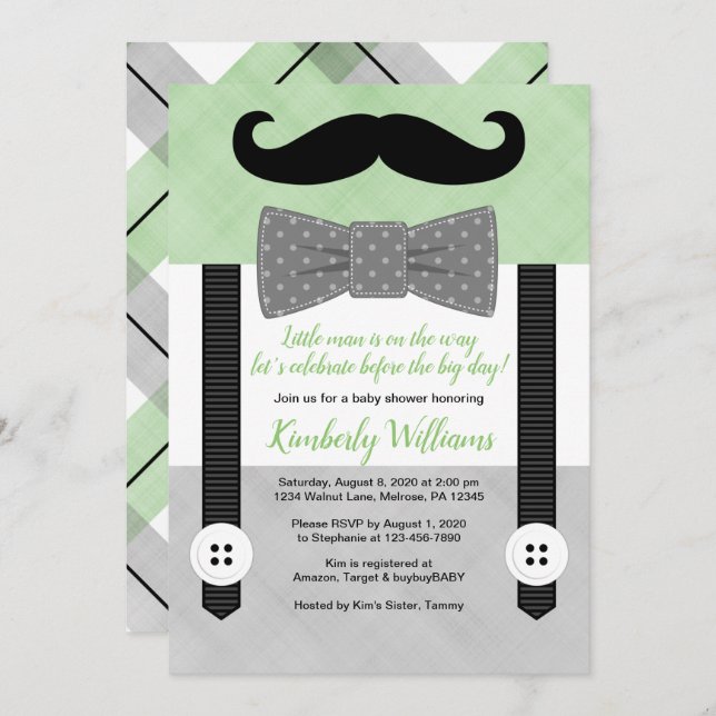 Little man baby shower invitation green bowtie (Front/Back)