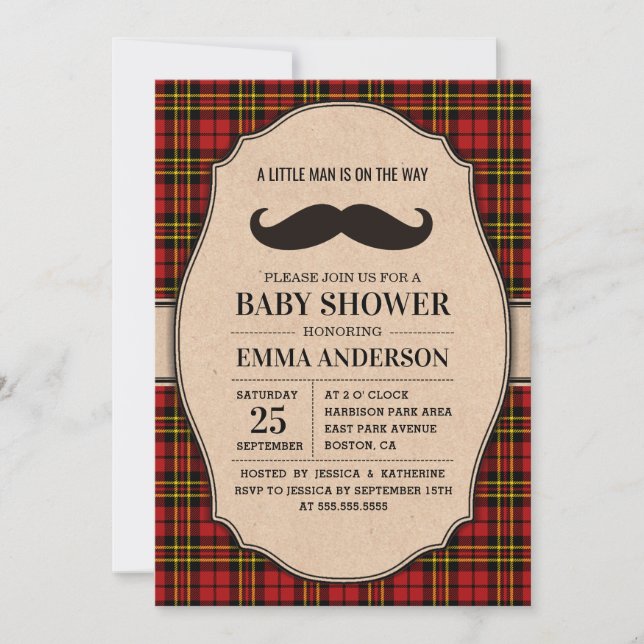 Little Man Baby Shower Invitation - Moustache Plai (Front)