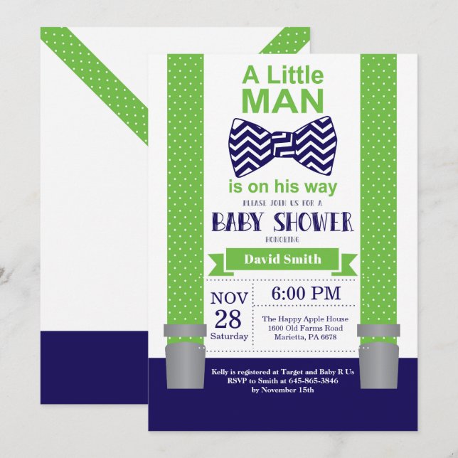 Little Man Baby Shower Invitation Navy Blue Green (Front/Back)