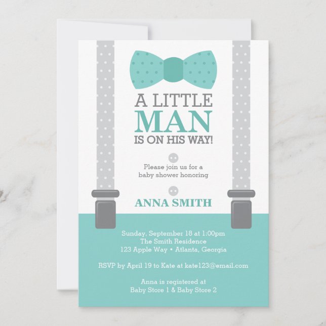 Little Man Baby Shower Invitation, Teal Blue, Grey Invitation (Front)
