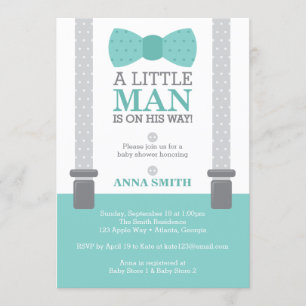 Little Man Baby Shower Invitation, Teal Blue, Grey Invitation