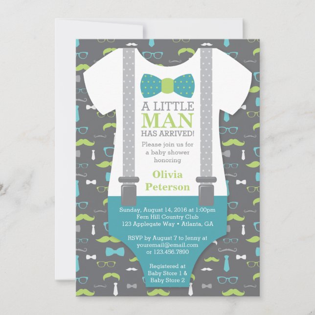 Little Man Baby Shower Invitation, Teal, Green Invitation (Front)