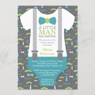 Little Man Baby Shower Invitation, Teal, Green Invitation
