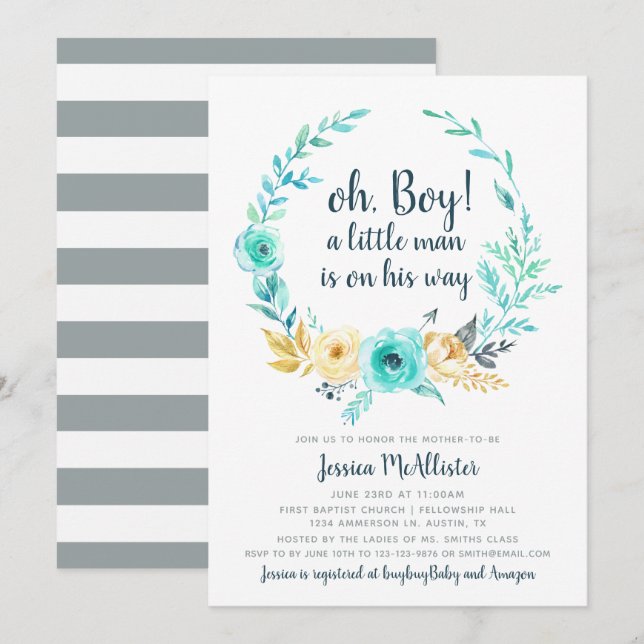 Little Man Baby Shower Invitation Teal Grey Card (Front/Back)