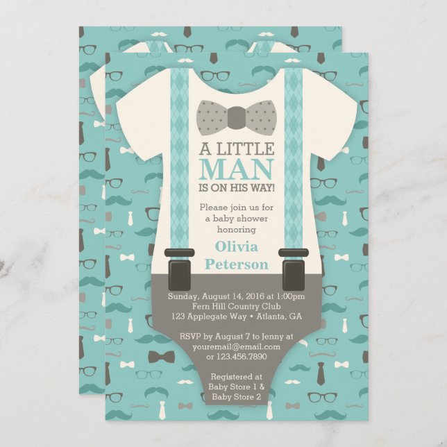 Little Man Baby Shower Invitation, Teal, Tan Invitation (Front/Back)