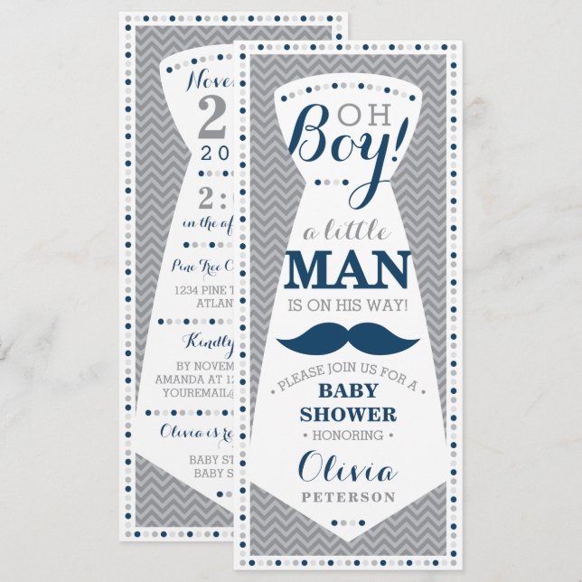 Little Man Baby Shower Invitation, Tie, Navy, Grey Invitation (Front/Back)