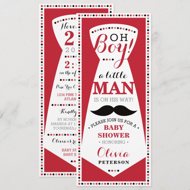Little Man Baby Shower Invitation, Tie, Red, Black Invitation (Front/Back)