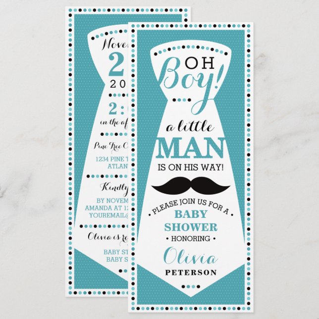 Little Man Baby Shower Invitation, Tie, Teal Black Invitation (Front/Back)