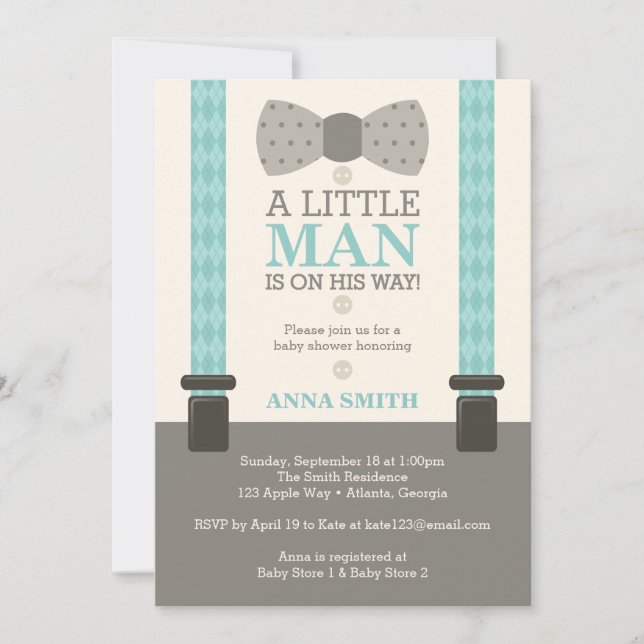 Little Man Baby Shower Invitation, Turquoise Invitation (Front)