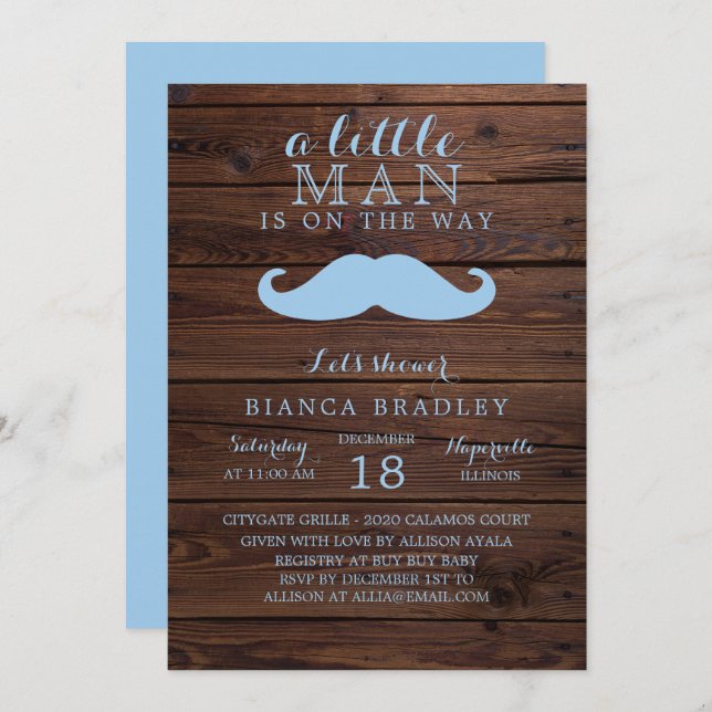 Little Man Baby Shower Invitation | Wood Moustache (Front/Back)