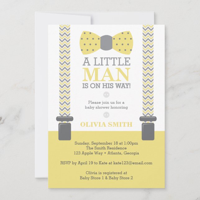 Little Man Baby Shower Invitation, Yellow, Grey Invitation (Front)