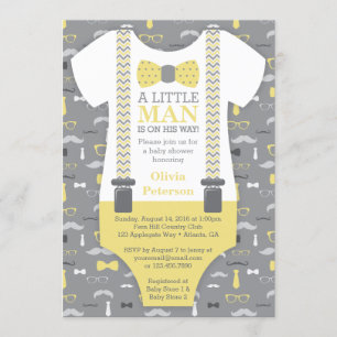 Little Man Baby Shower Invitation, Yellow, Grey Invitation
