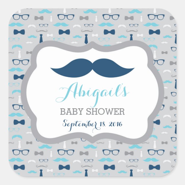 Little Man Baby Shower Sticker, Baby Blue, Navy Square Sticker (Front)