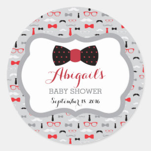 Little Man Baby Shower Sticker, Black, Red, Grey Classic Round Sticker
