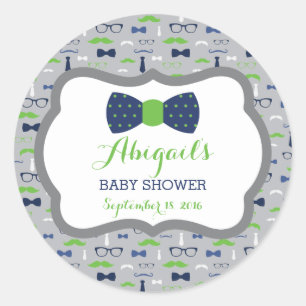 Little Man Baby Shower Sticker, Blue, Green, Grey Classic Round Sticker