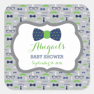 Little Man Baby Shower Sticker, Blue, Green, Grey Square Sticker