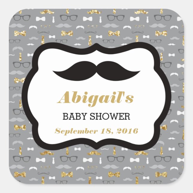 Little Man Baby Shower Sticker, Gold, Grey, Black Square Sticker (Front)