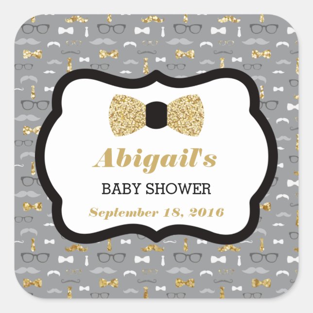 Little Man Baby Shower Sticker, Gold, Grey, Black Square Sticker (Front)