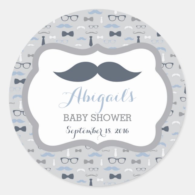 Little Man Baby Shower Sticker, Navy Blue, Grey Classic Round Sticker (Front)