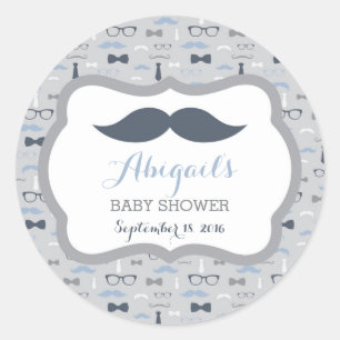 Little Man Baby Shower Sticker, Navy Blue, Grey Classic Round Sticker