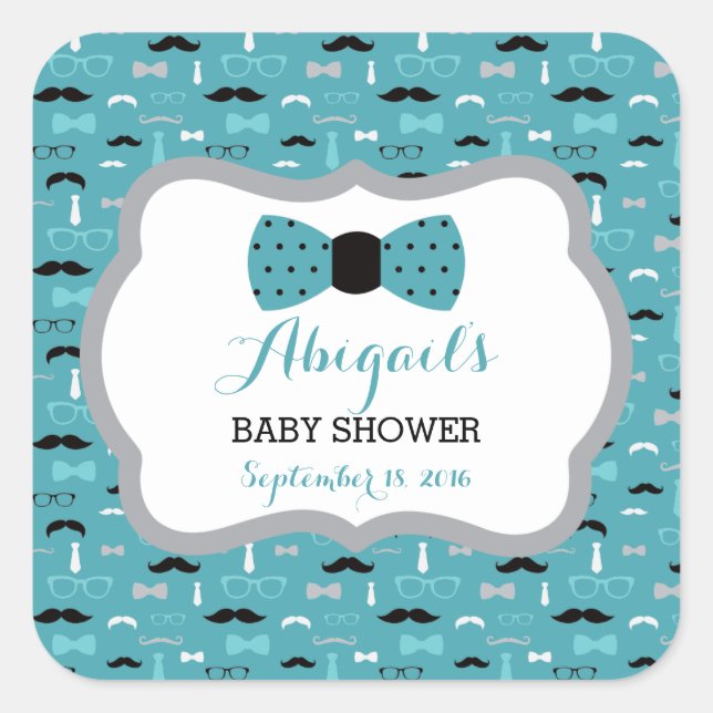Little Man Baby Shower Sticker, Teal, Aqua, Black Square Sticker (Front)