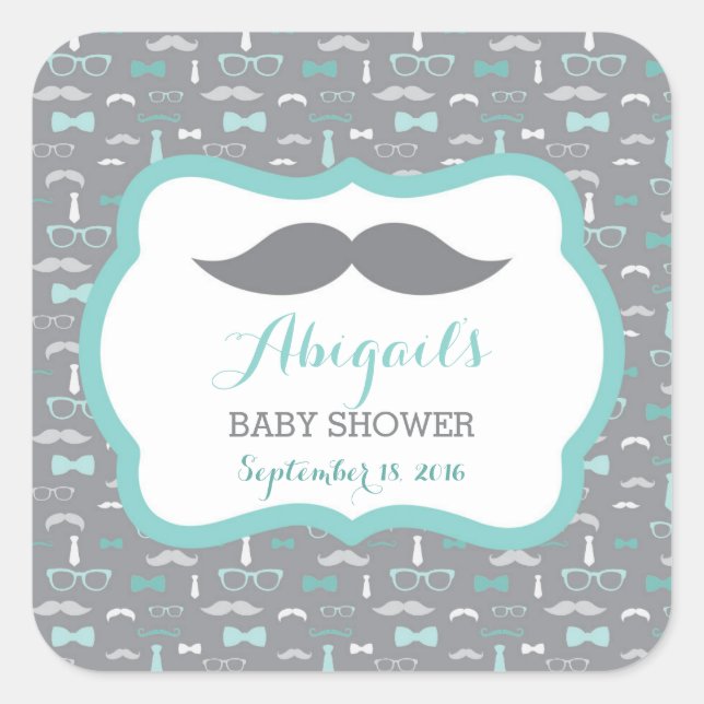 Little Man Baby Shower Sticker, Teal, Aqua, Grey Square Sticker (Front)