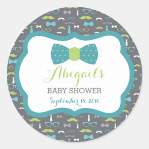 Little Man Baby Shower Sticker, Teal, Green, Grey Classic Round Sticker