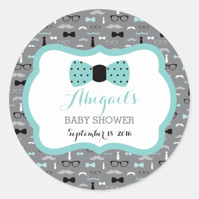 Little Man Baby Shower Sticker, Teal, Grey, Black Classic Round Sticker (Front)
