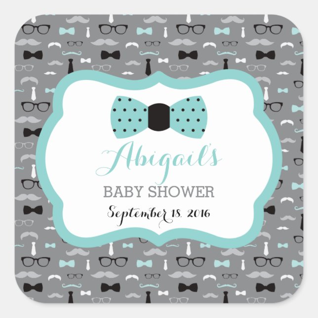 Little Man Baby Shower Sticker, Teal, Grey, Black Square Sticker (Front)