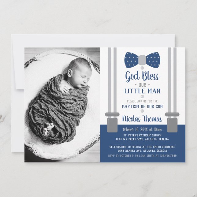 Little Man Baptism Invitation, Blue, Grey Invitation (Front)