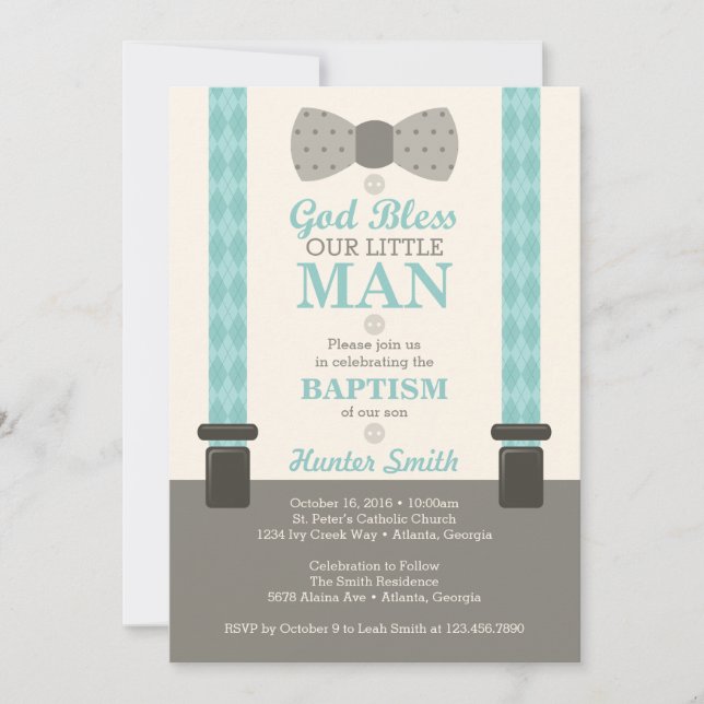 Little Man Baptism Invitation, Teal, Ivory, Tan Invitation (Front)